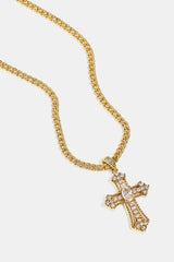 Iced Oval Centre Cross Necklace - 25mm - Gold