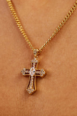 Iced Oval Centre Cross Necklace - 25mm - Gold