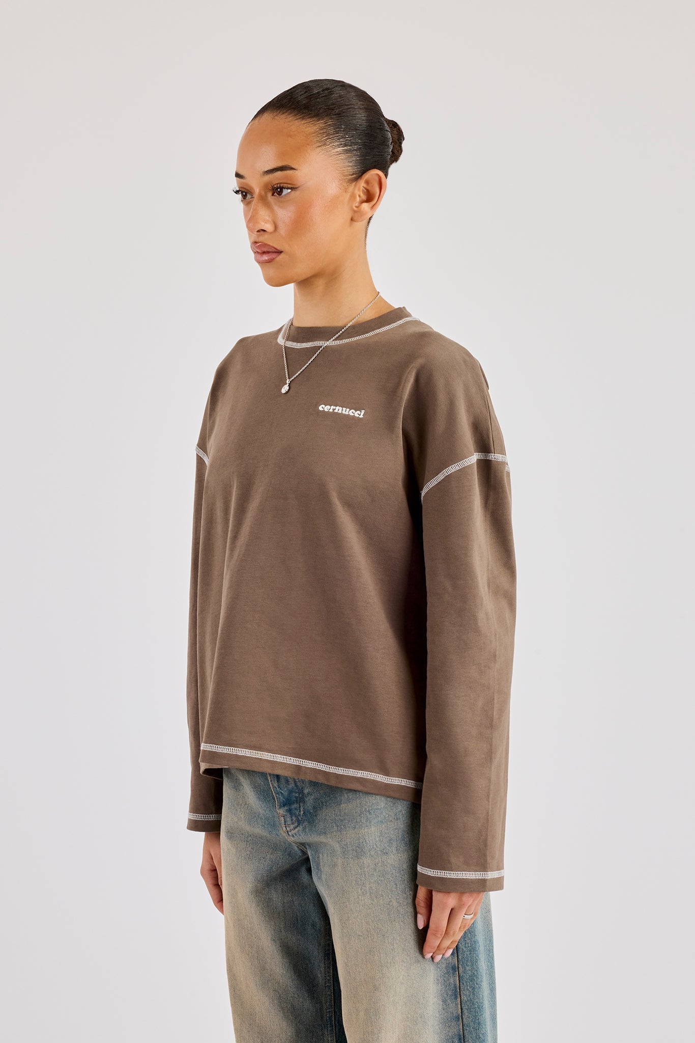 333 Contrast Stitch Long Sleeve T-Shirt - Taupe