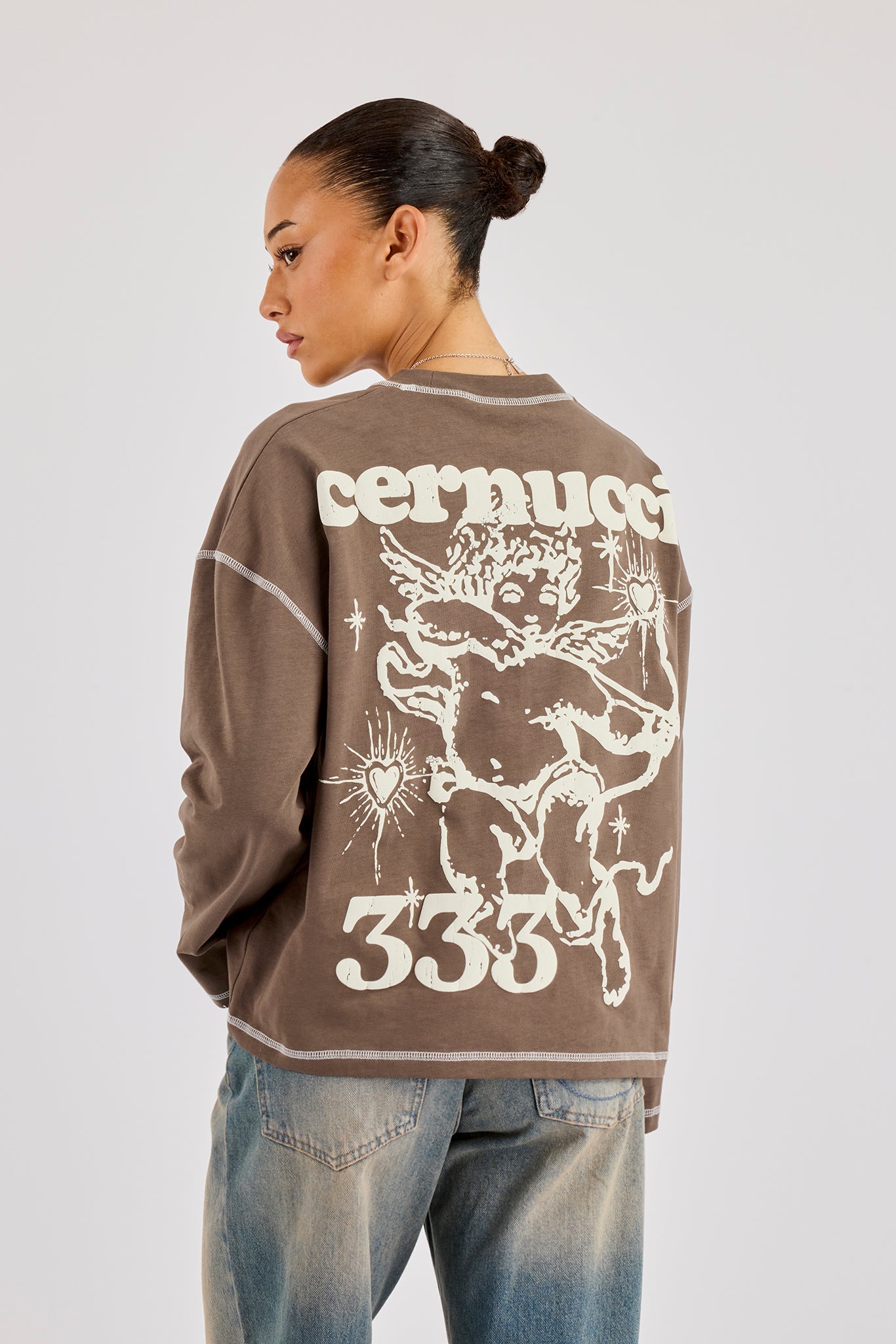 333 Contrast Stitch Long Sleeve T-Shirt - Taupe