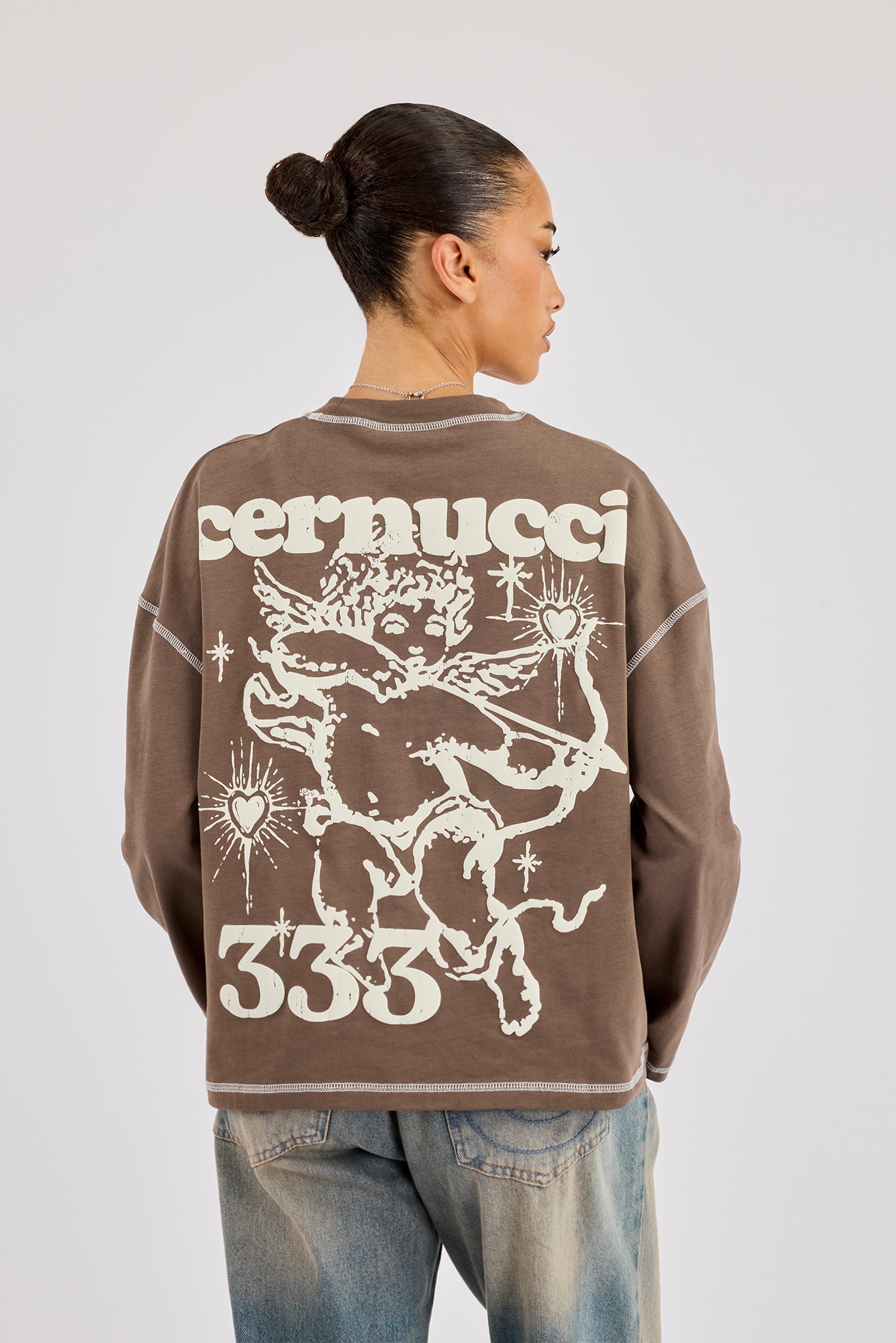 333 Contrast Stitch Long Sleeve T-Shirt - Taupe