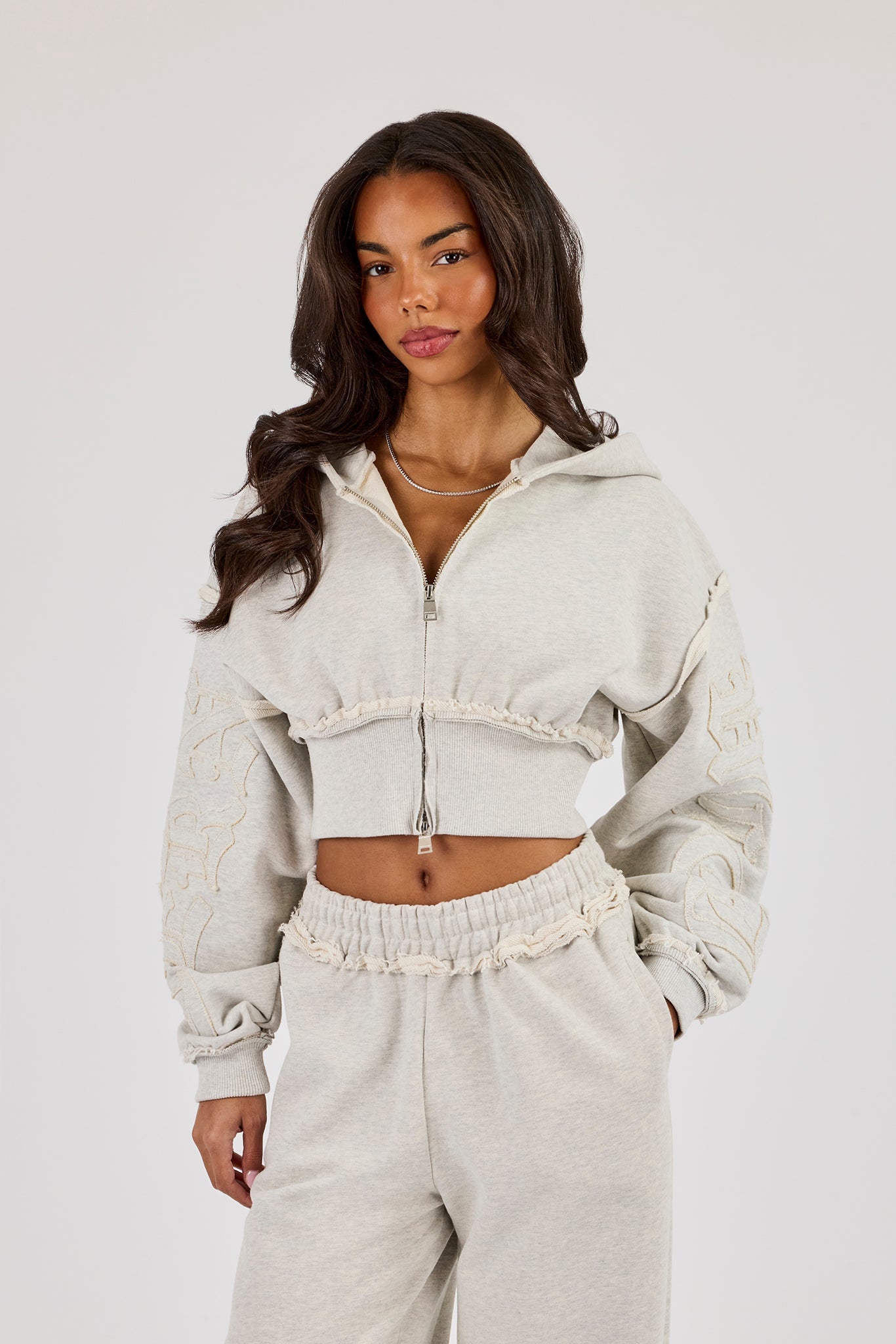 Raw Edge Applique Cropped Zip Through Hoodie - Ash Grey
