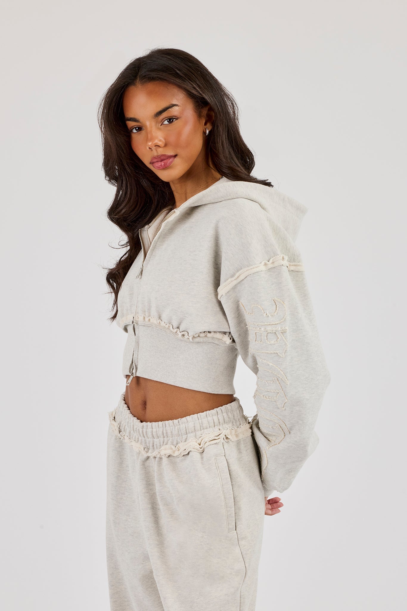 Raw Edge Applique Cropped Zip Through Hoodie - Ash Grey