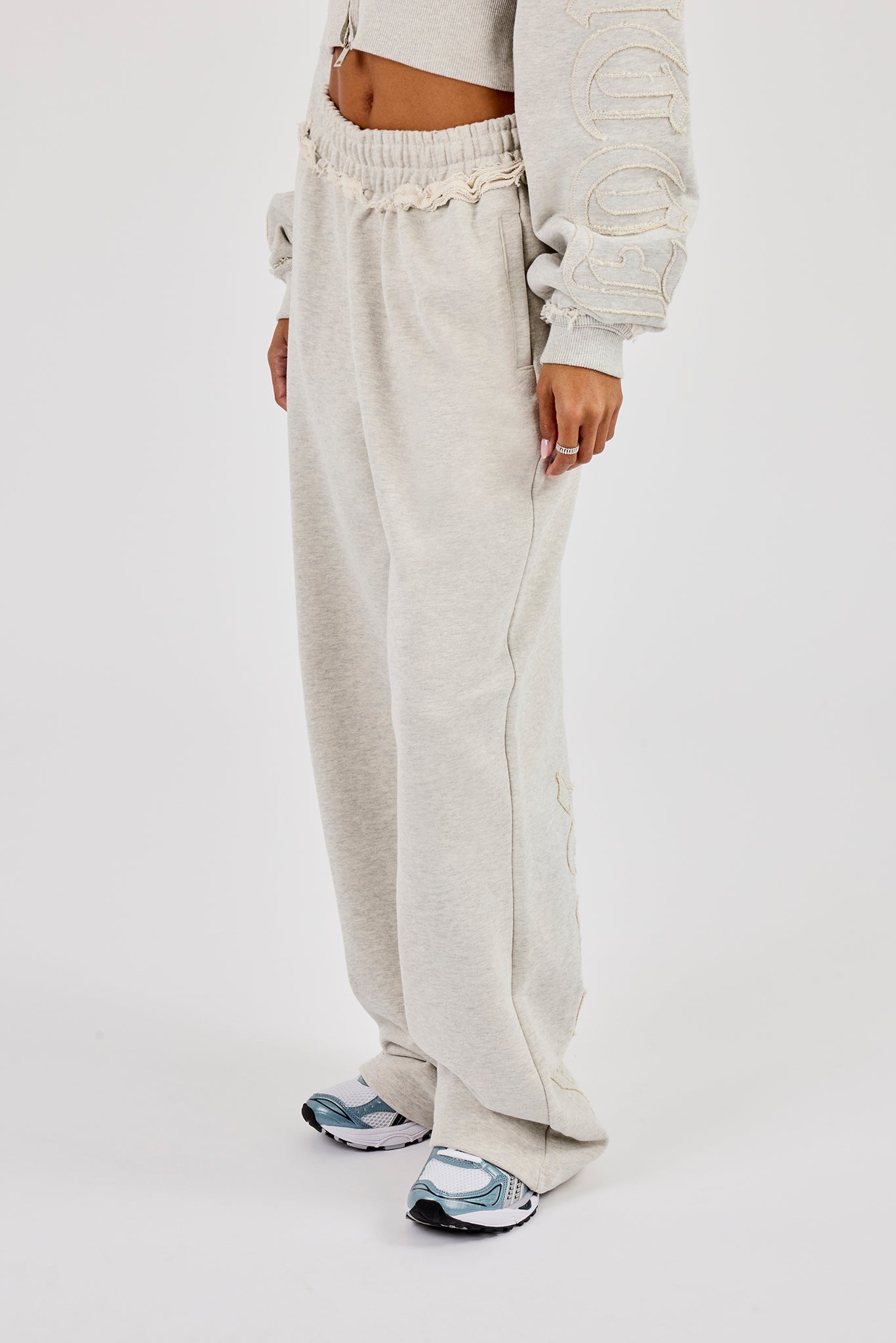 Raw Edge Applique Wide Leg Jogger - Ash Grey