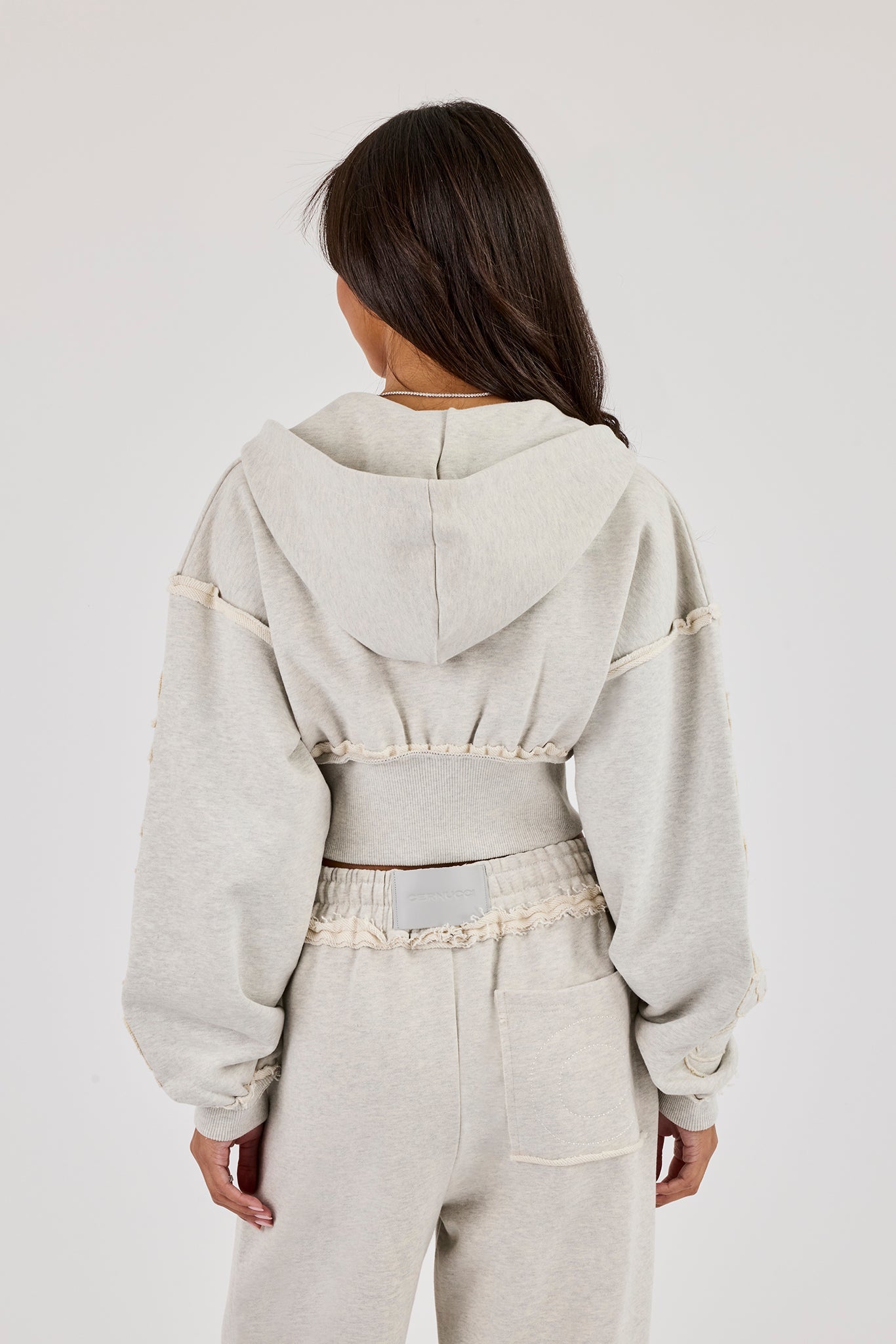 Raw Edge Applique Cropped Zip Through Hoodie - Ash Grey
