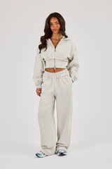 Raw Edge Applique Cropped Zip Through Hoodie - Ash Grey
