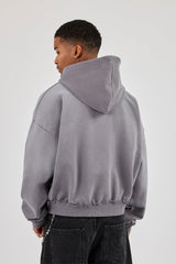Washed Distressed Stud Detail Zip Hoodie - Washed Grey