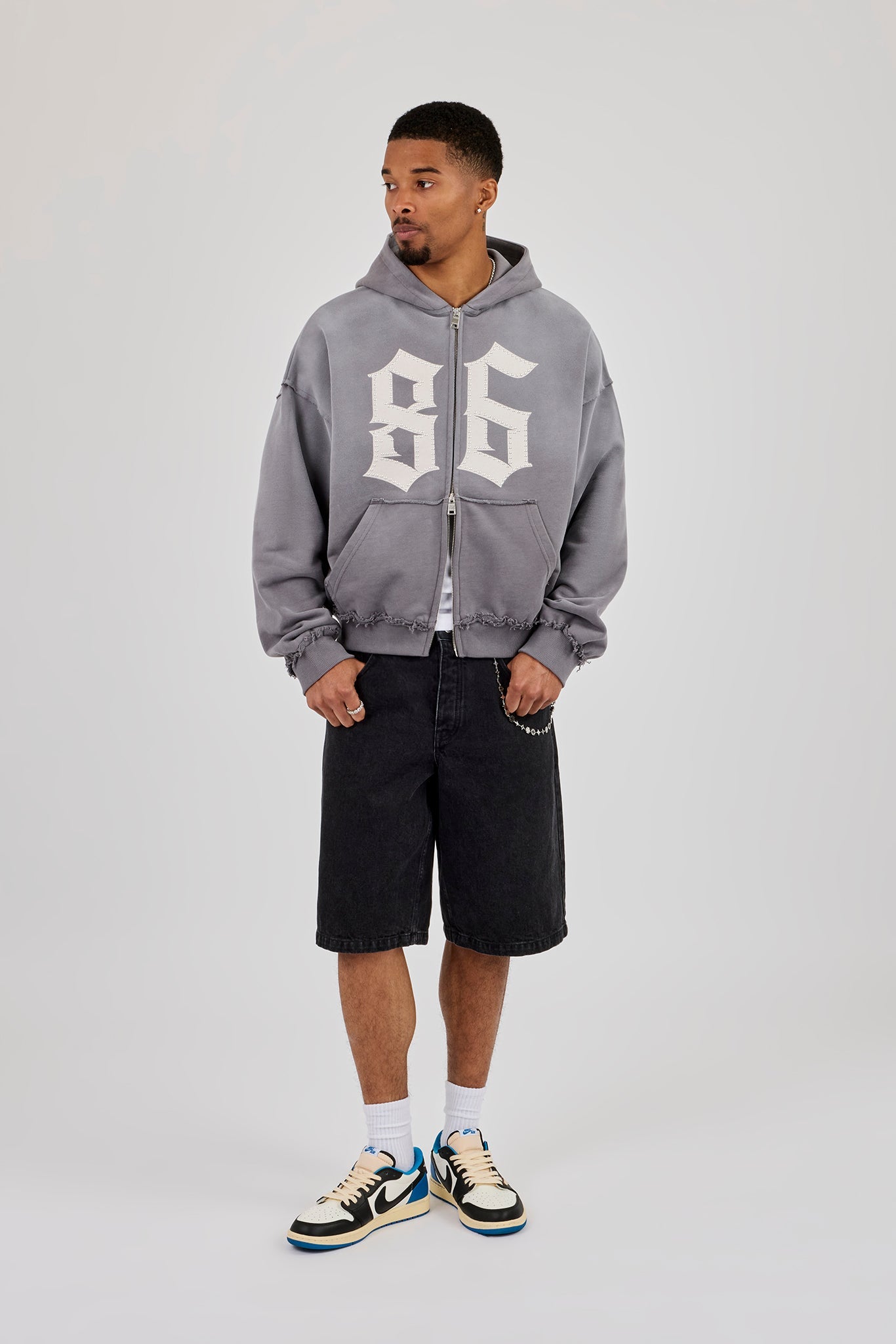 Washed Distressed Stud Detail Zip Hoodie - Washed Grey
