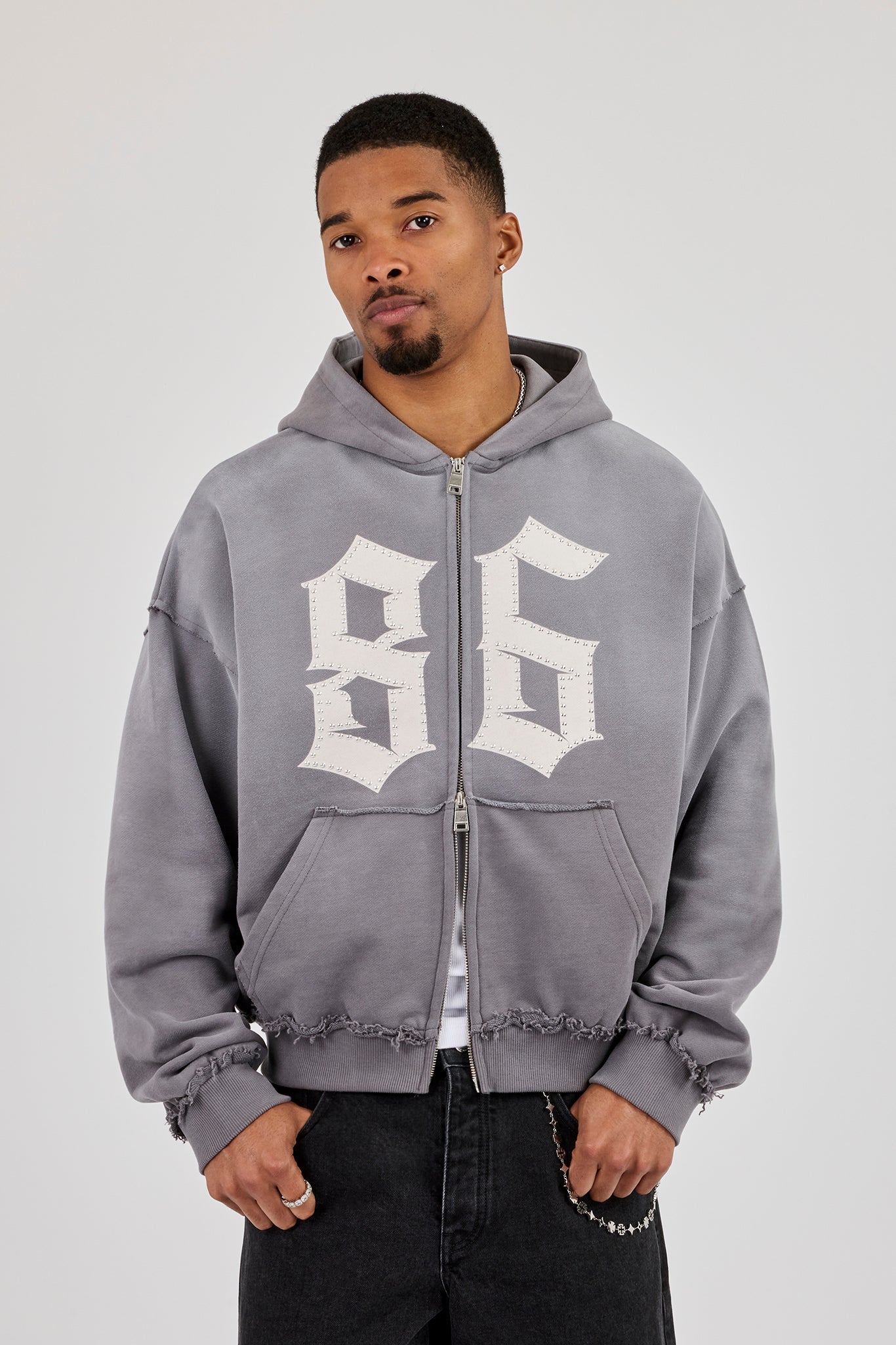 Washed Distressed Stud Detail Zip Hoodie - Washed Grey