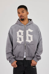 Washed Distressed Stud Detail Zip Hoodie - Washed Grey