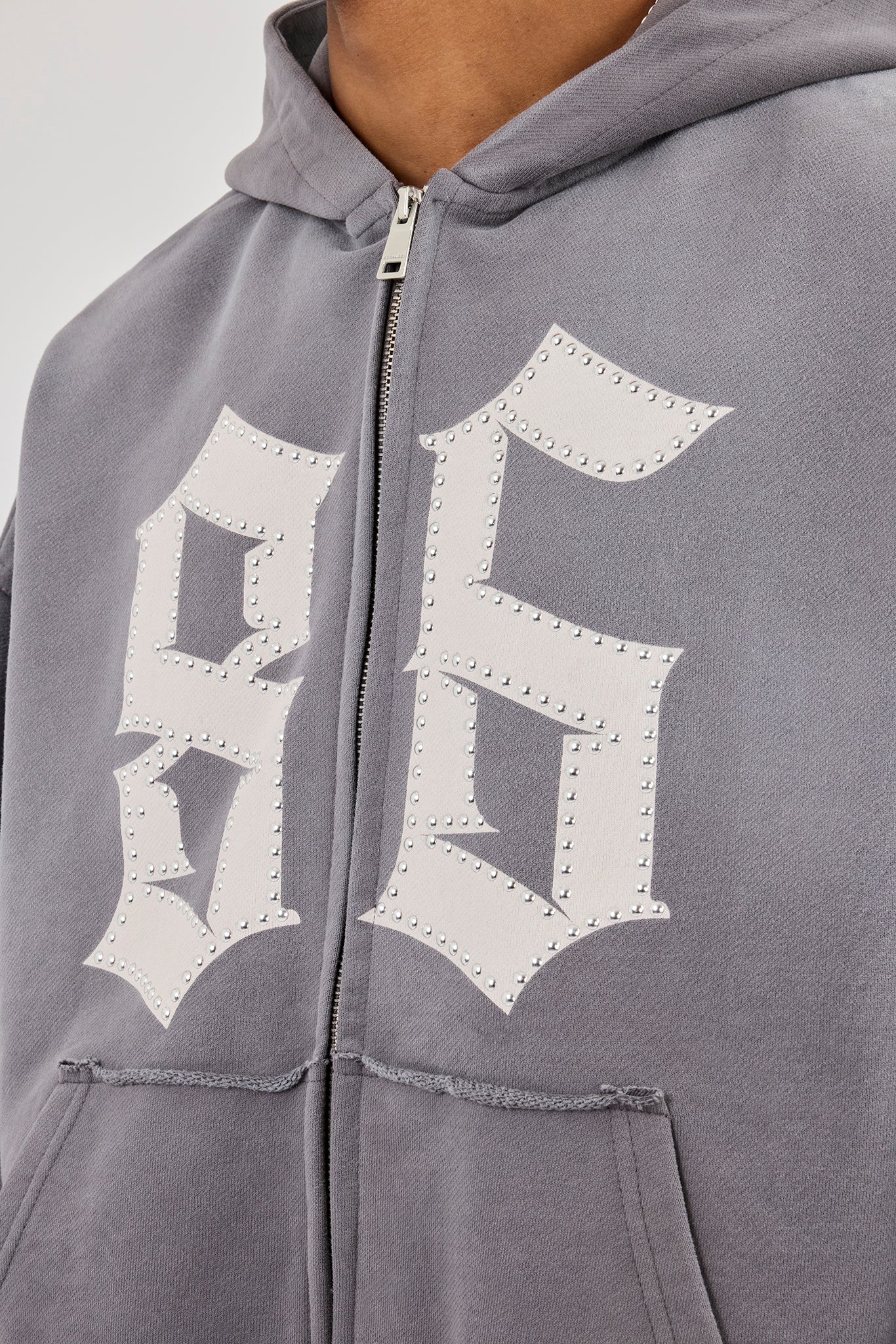 Washed Distressed Stud Detail Zip Hoodie - Washed Grey