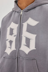 Washed Distressed Stud Detail Zip Hoodie - Washed Grey