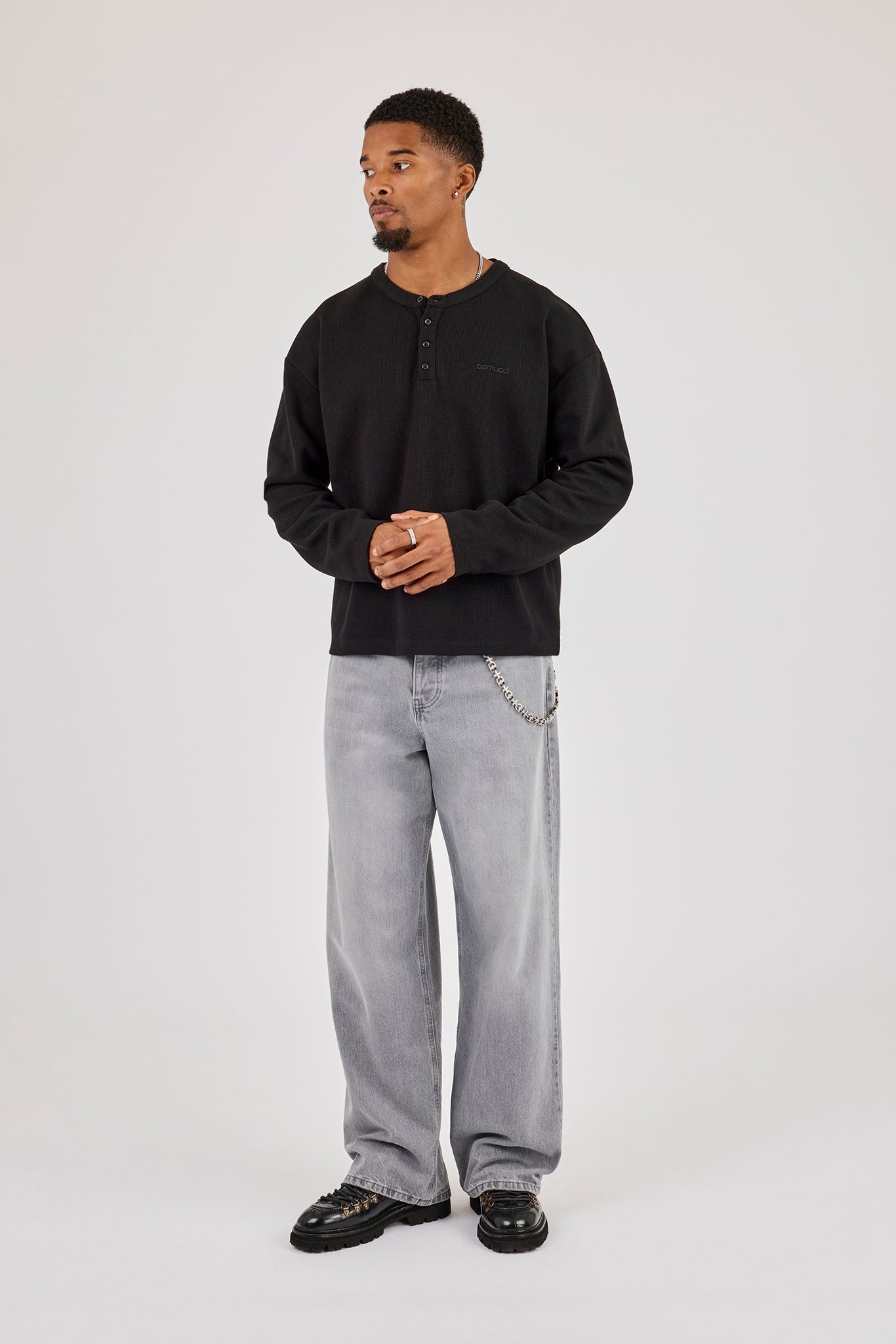 Long Sleeve Waffle Embroidered Henley - Black