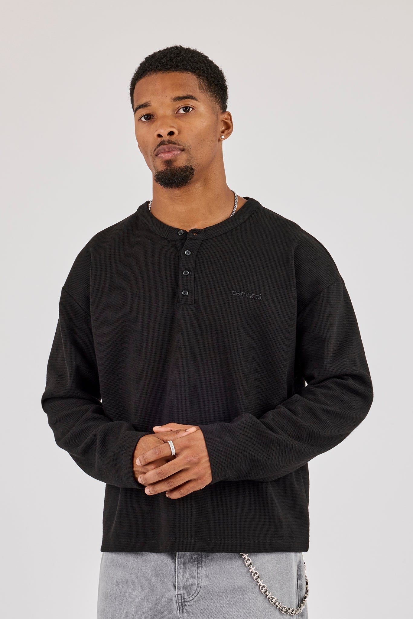 Long Sleeve Waffle Embroidered Henley - Black