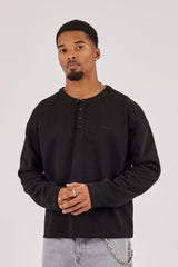 Long Sleeve Waffle Embroidered Henley - Black