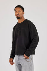 Long Sleeve Waffle Embroidered Henley - Black