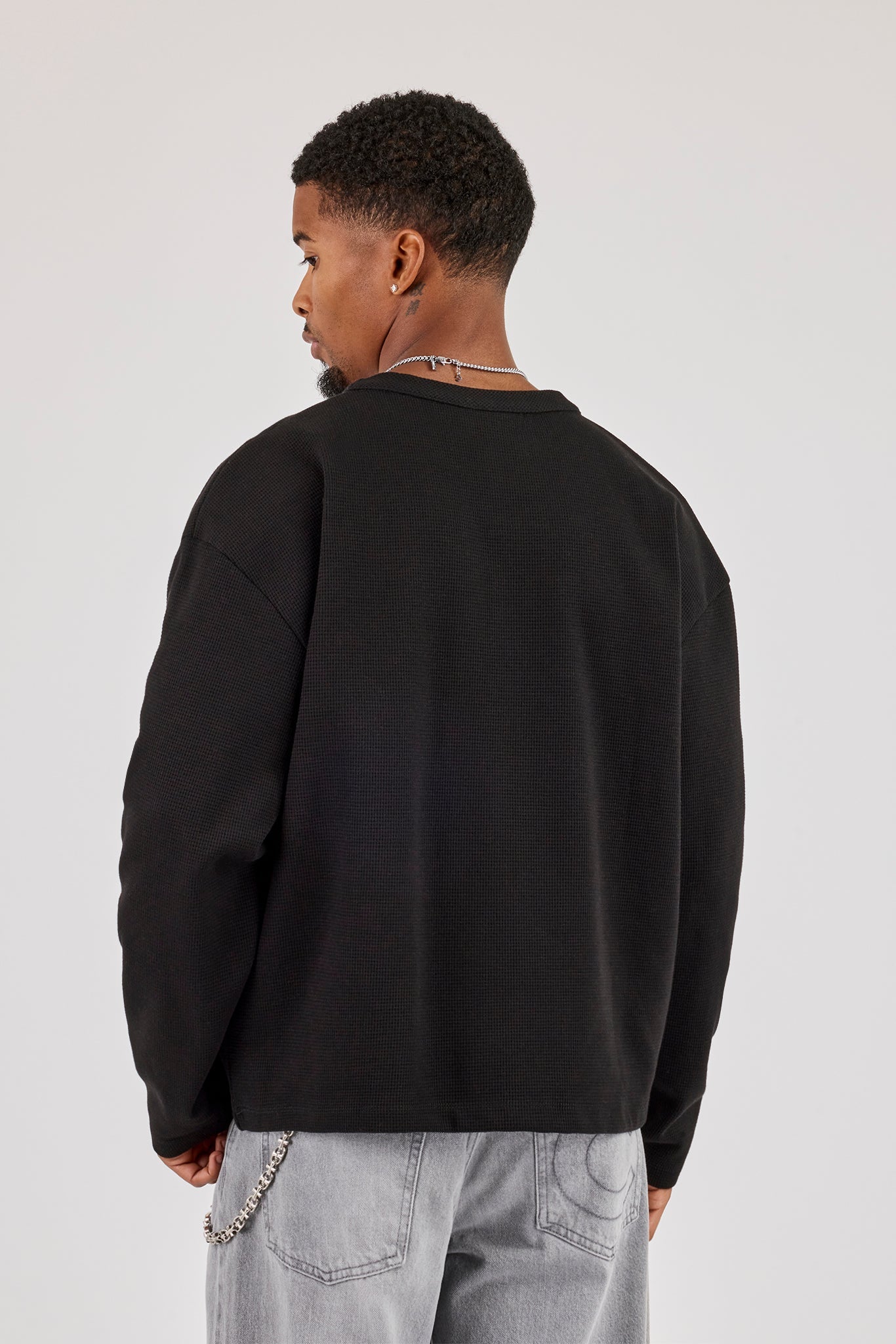 Long Sleeve Waffle Embroidered Henley - Black