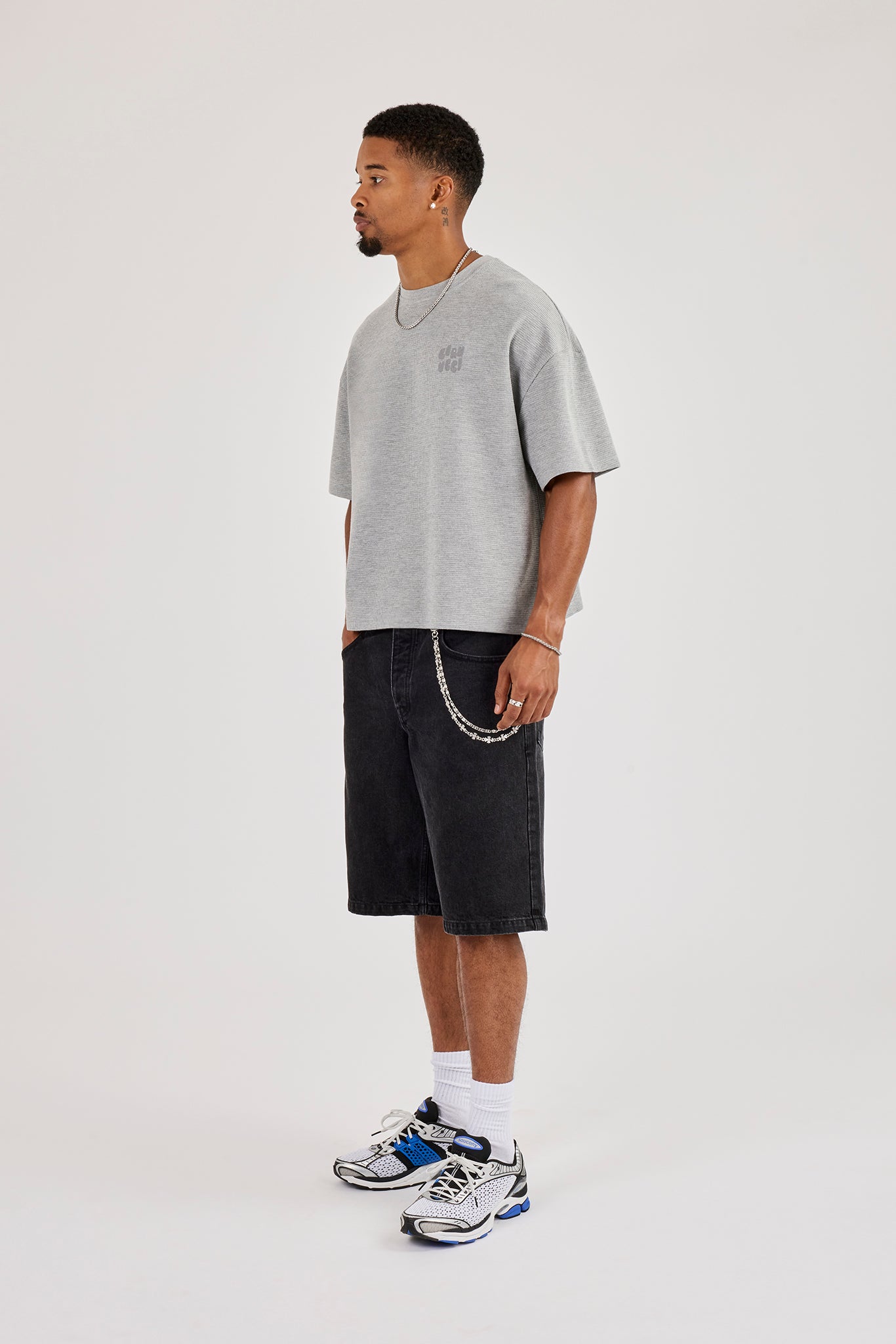 Denim Bermuda Jorts & 10mm Polished Double Layer Cross Motif Jean Chain - Washed Black