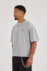 Chain Stitch Waffle Short Sleeve Boxy T-Shirt - Grey