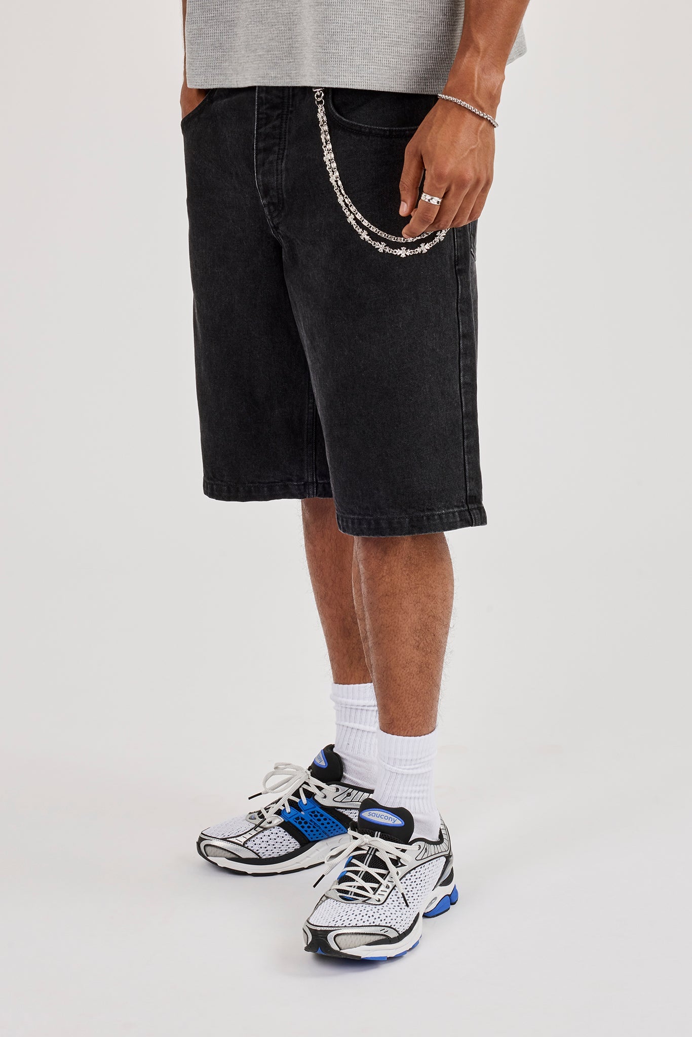 Denim Bermuda Jorts & 10mm Polished Double Layer Cross Motif Jean Chain - Washed Black