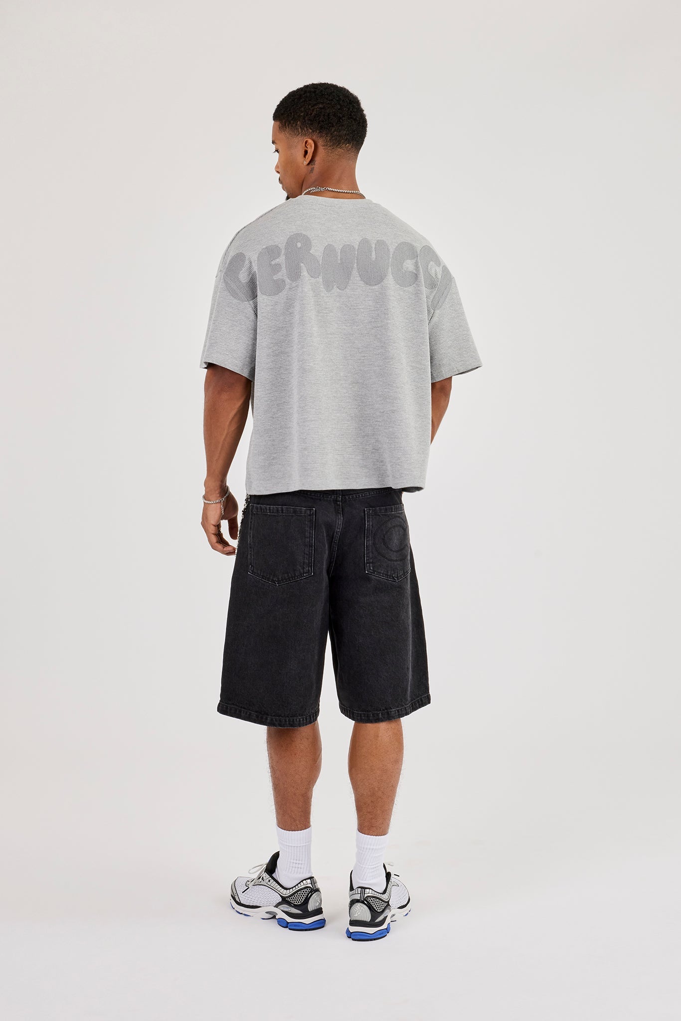 Chain Stitch Waffle Short Sleeve Boxy T-Shirt - Grey