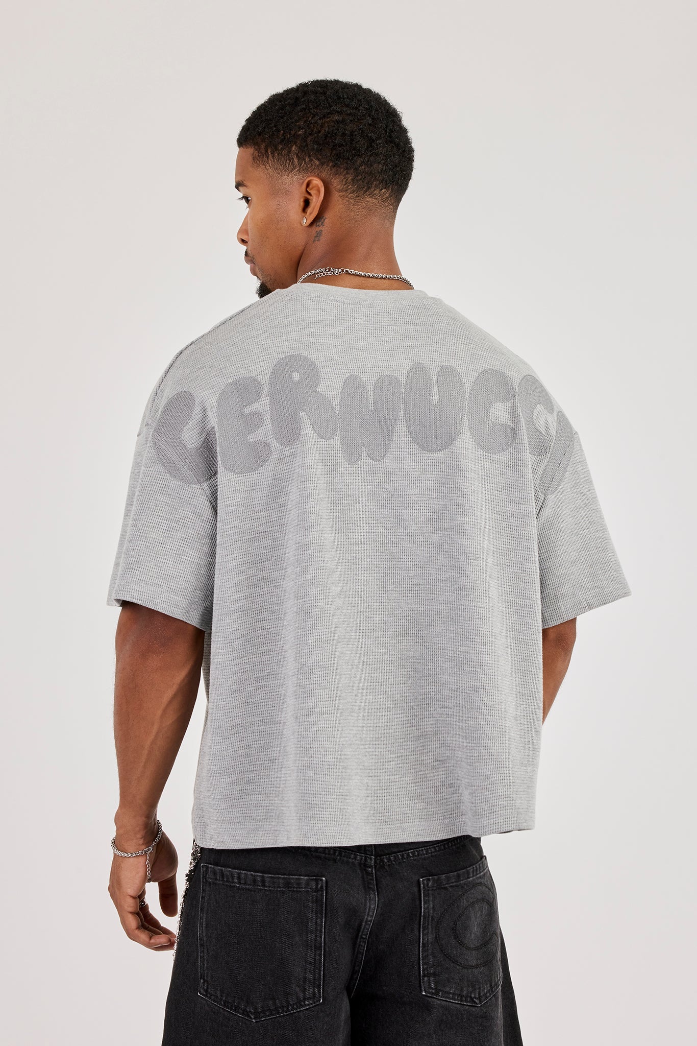 Chain Stitch Waffle Short Sleeve Boxy T-Shirt - Grey