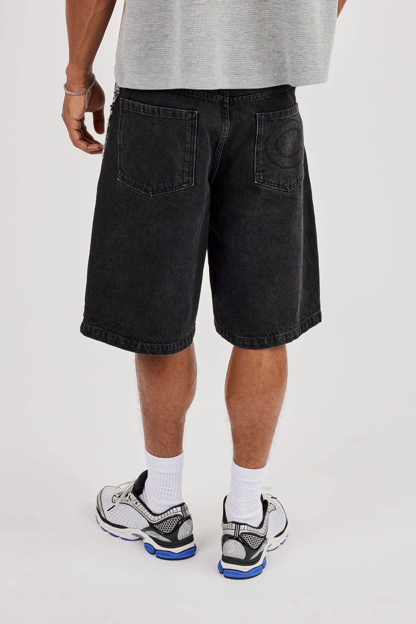 Denim Bermuda Jorts & 10mm Polished Double Layer Cross Motif Jean Chain - Washed Black