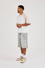 Logo Applique Denim Jorts & 40mm Polished Drop Triple Cross Jean Chain - Antique Wash