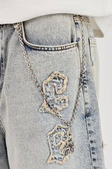 Logo Applique Denim Jorts & 40mm Polished Drop Triple Cross Jean Chain - Antique Wash