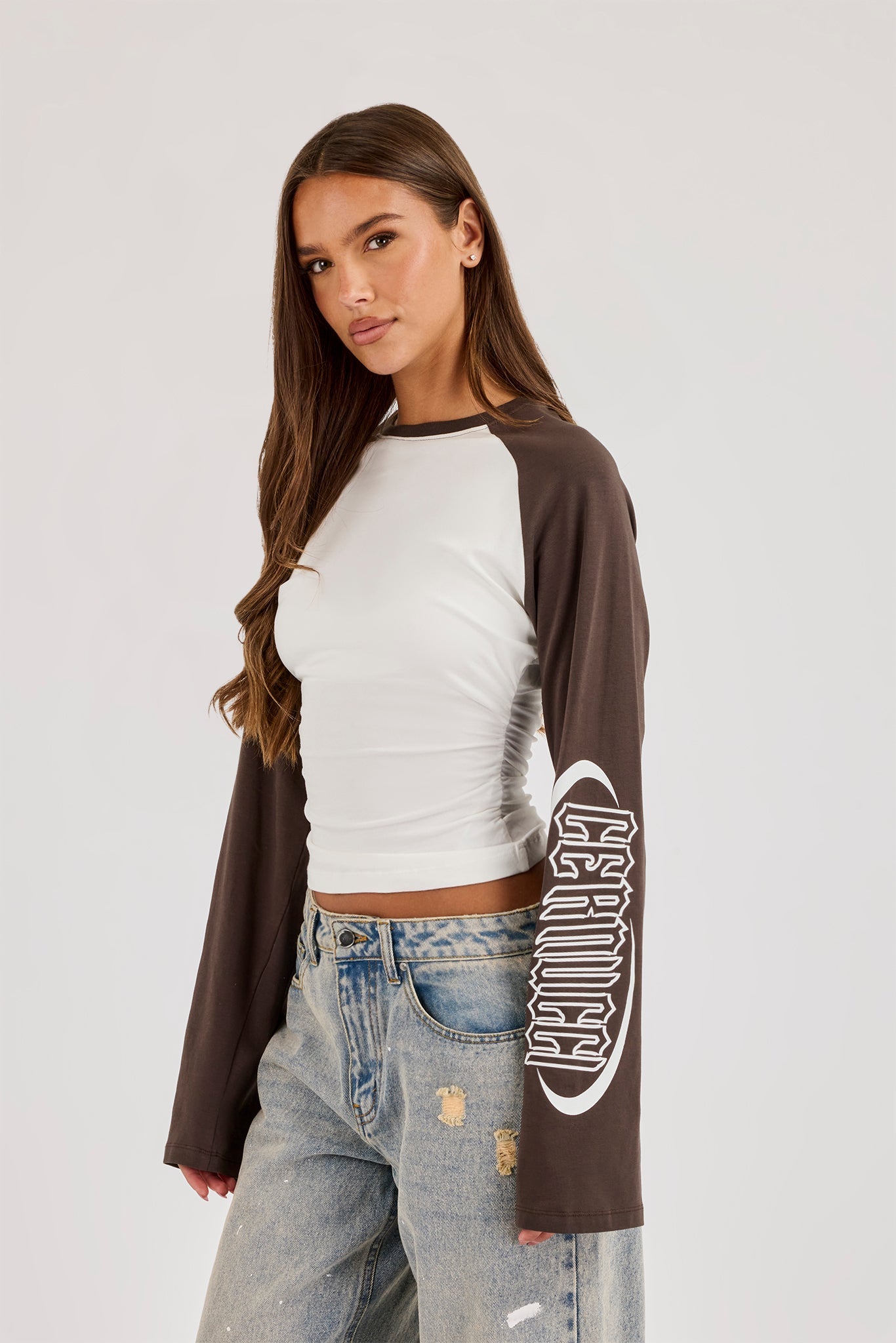 Cinched Waist Raglan Long Sleeve T-Shirt - Chocolate