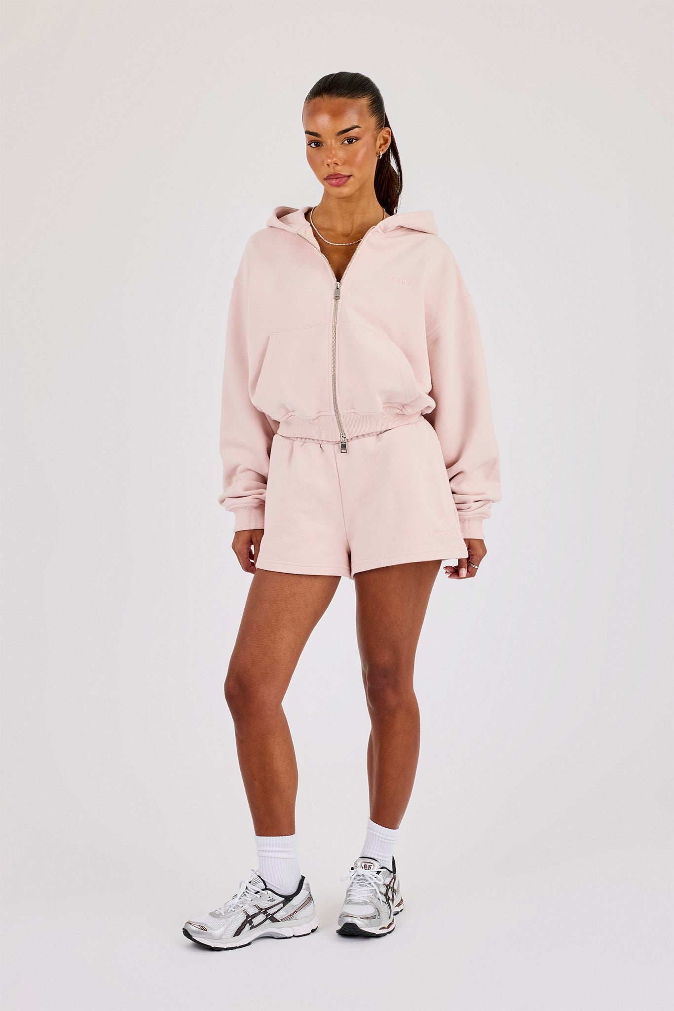 Cernucci Cropped Zip Through Hoodie & Embroidered Short - Dusty Pink