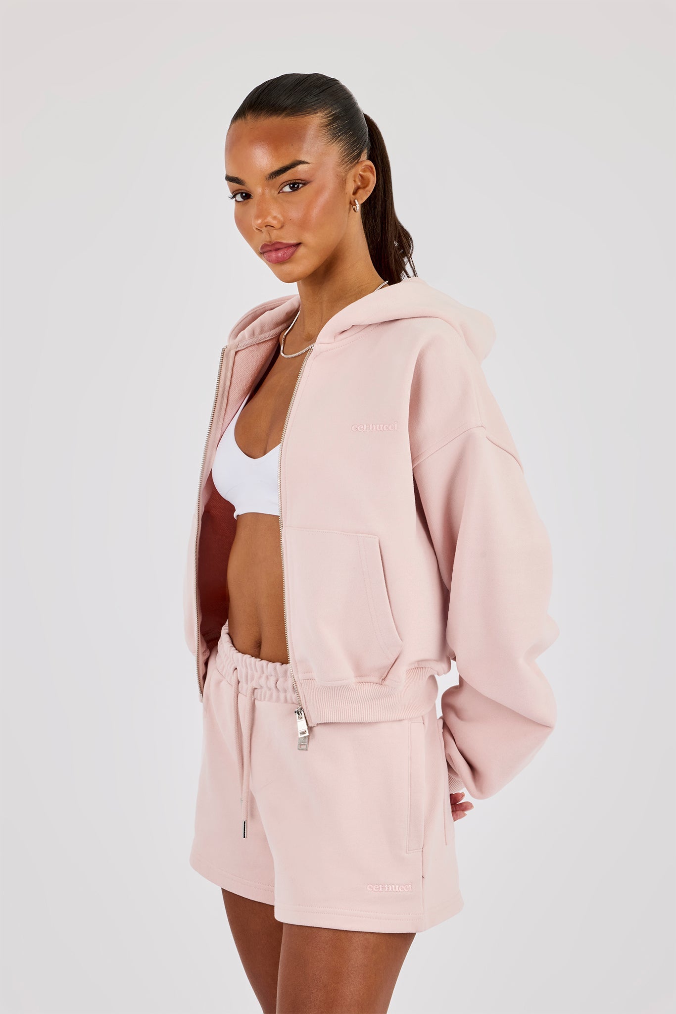 Cernucci Cropped Zip Through Hoodie & Embroidered Short - Dusty Pink
