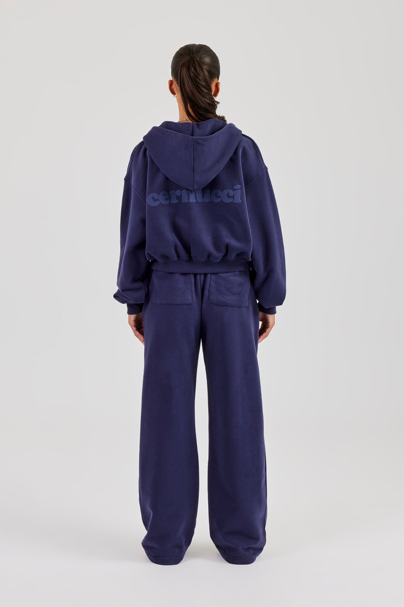 Cernucci Cropped Zip Through Hoodie & Wide Leg Jogger - Navy