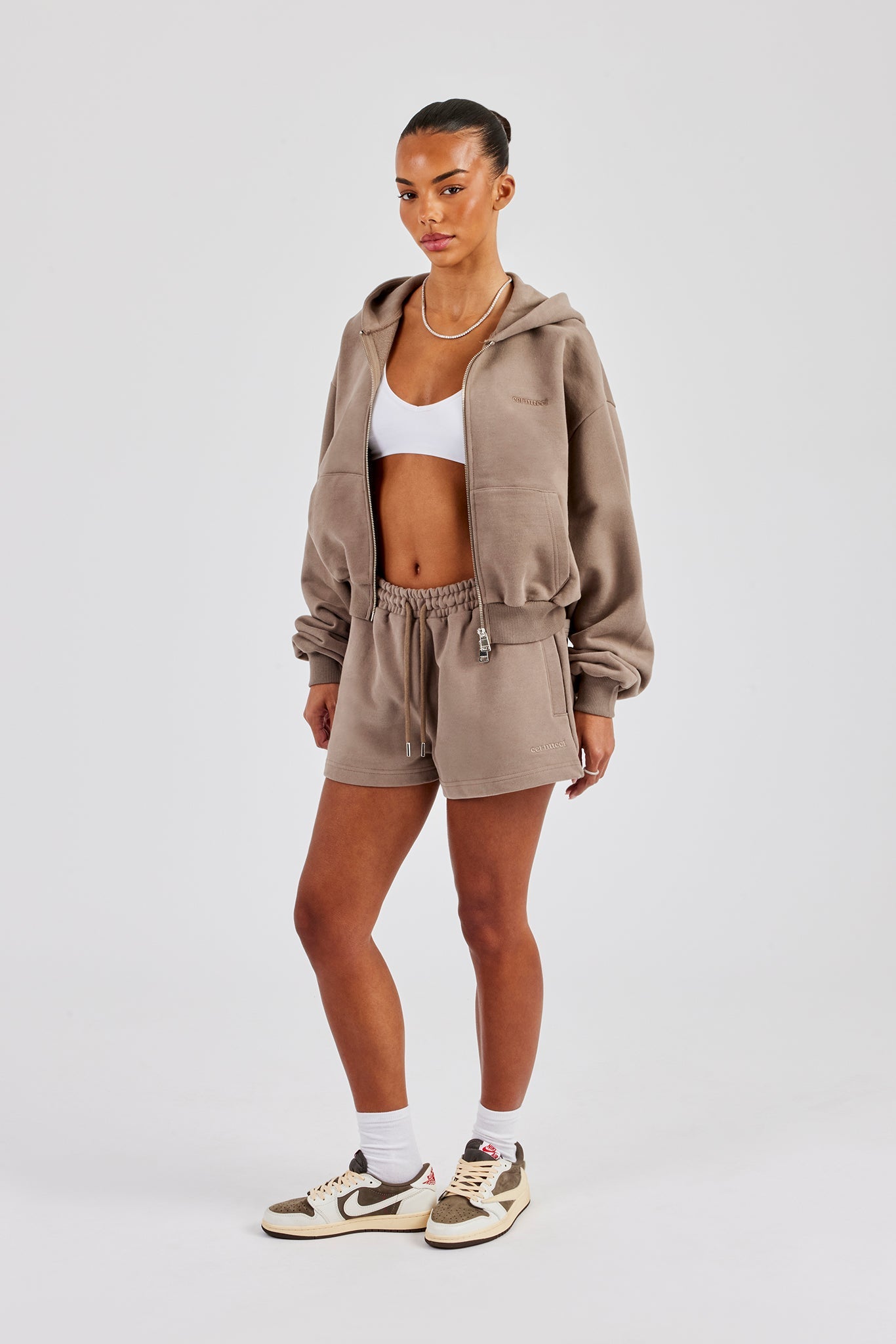 Cernucci Cropped Zip Through Hoodie & Short - Taupe