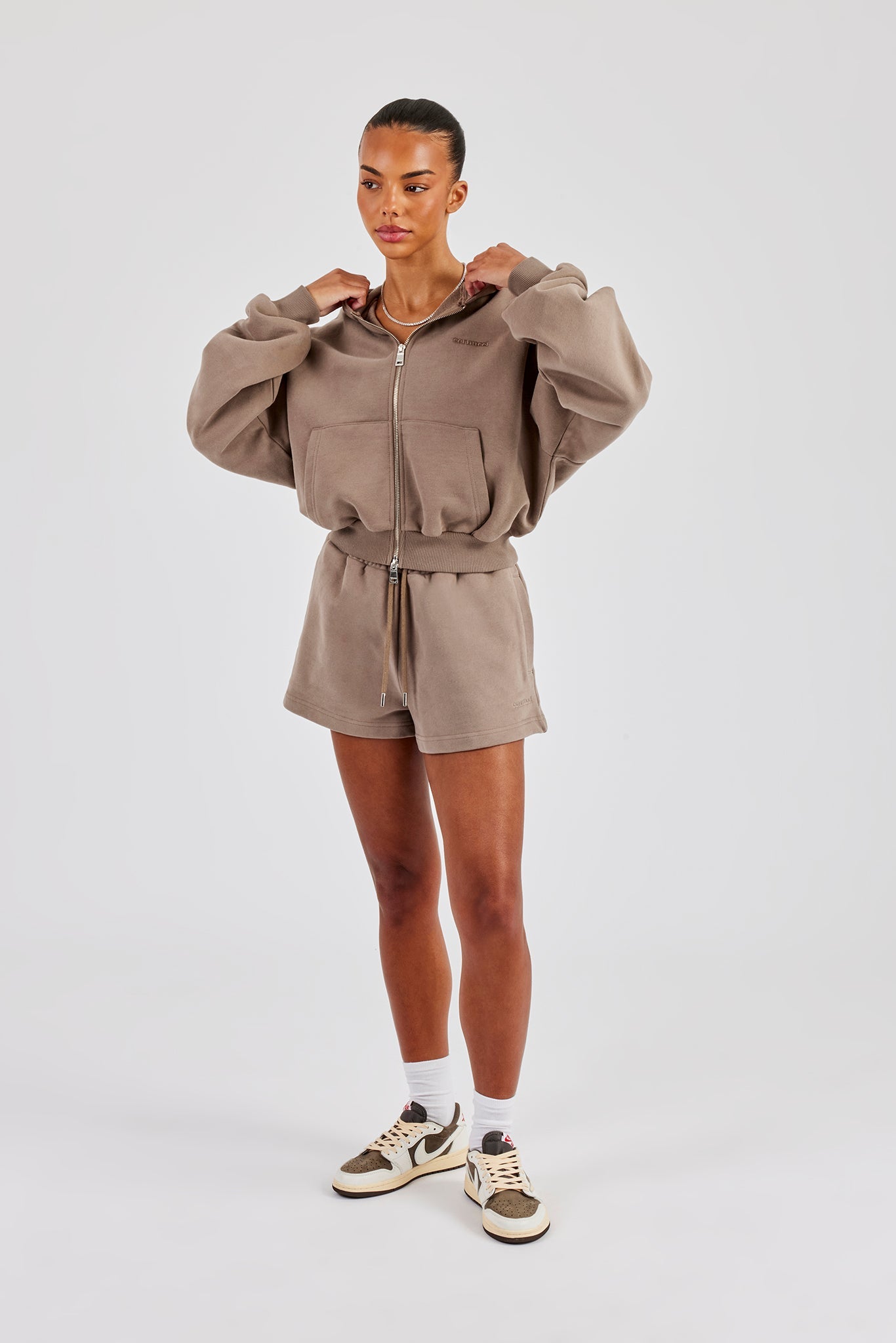 Cernucci Cropped Zip Through Hoodie & Short - Taupe