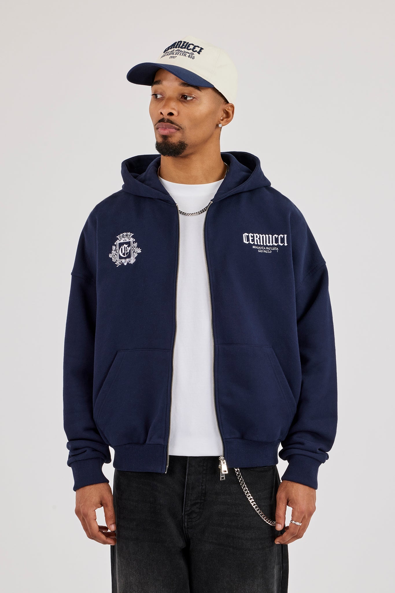 Crest Embroidered Boxy Zip Hoodie - Navy