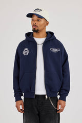 Crest Embroidered Boxy Zip Hoodie - Navy