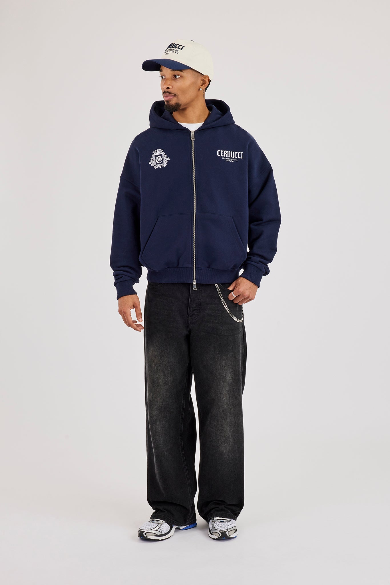 Crest Embroidered Boxy Zip Hoodie - Navy