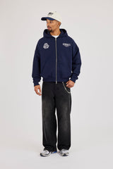 Crest Embroidered Boxy Zip Hoodie - Navy