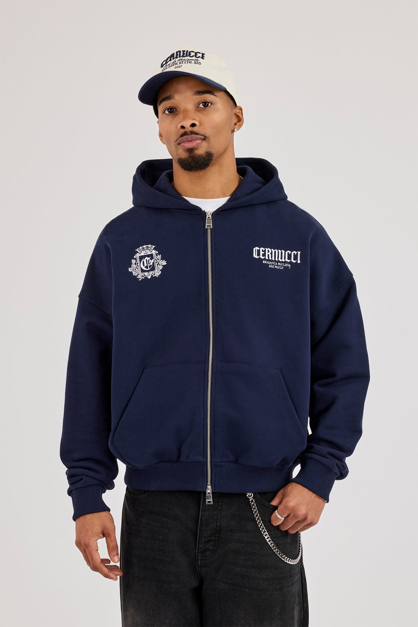 Crest Embroidered Boxy Zip Hoodie - Navy