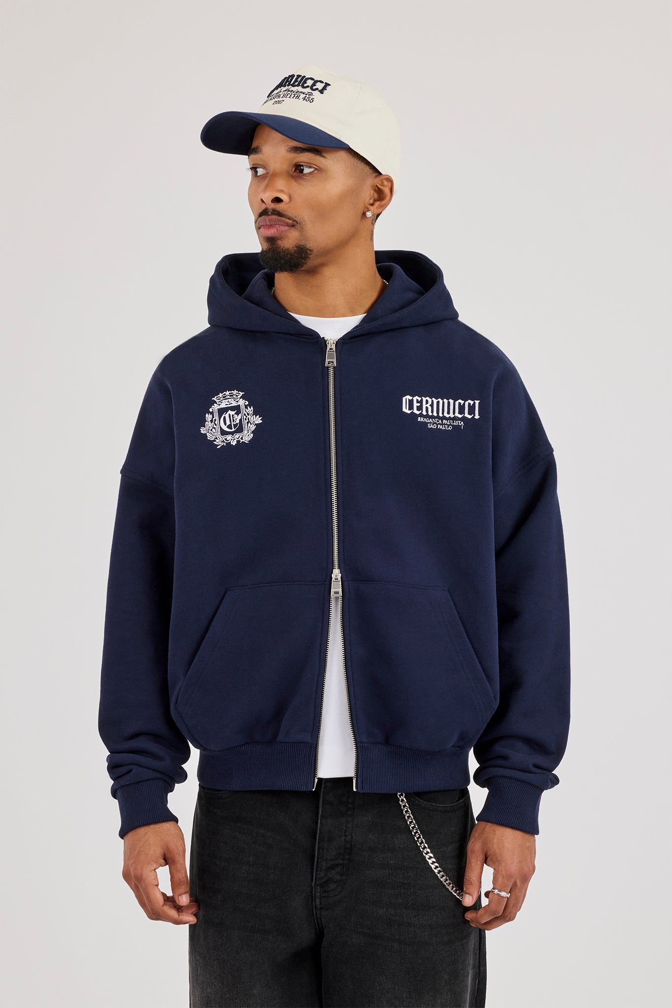 Crest Embroidered Boxy Zip Hoodie - Navy