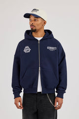 Crest Embroidered Boxy Zip Hoodie - Navy