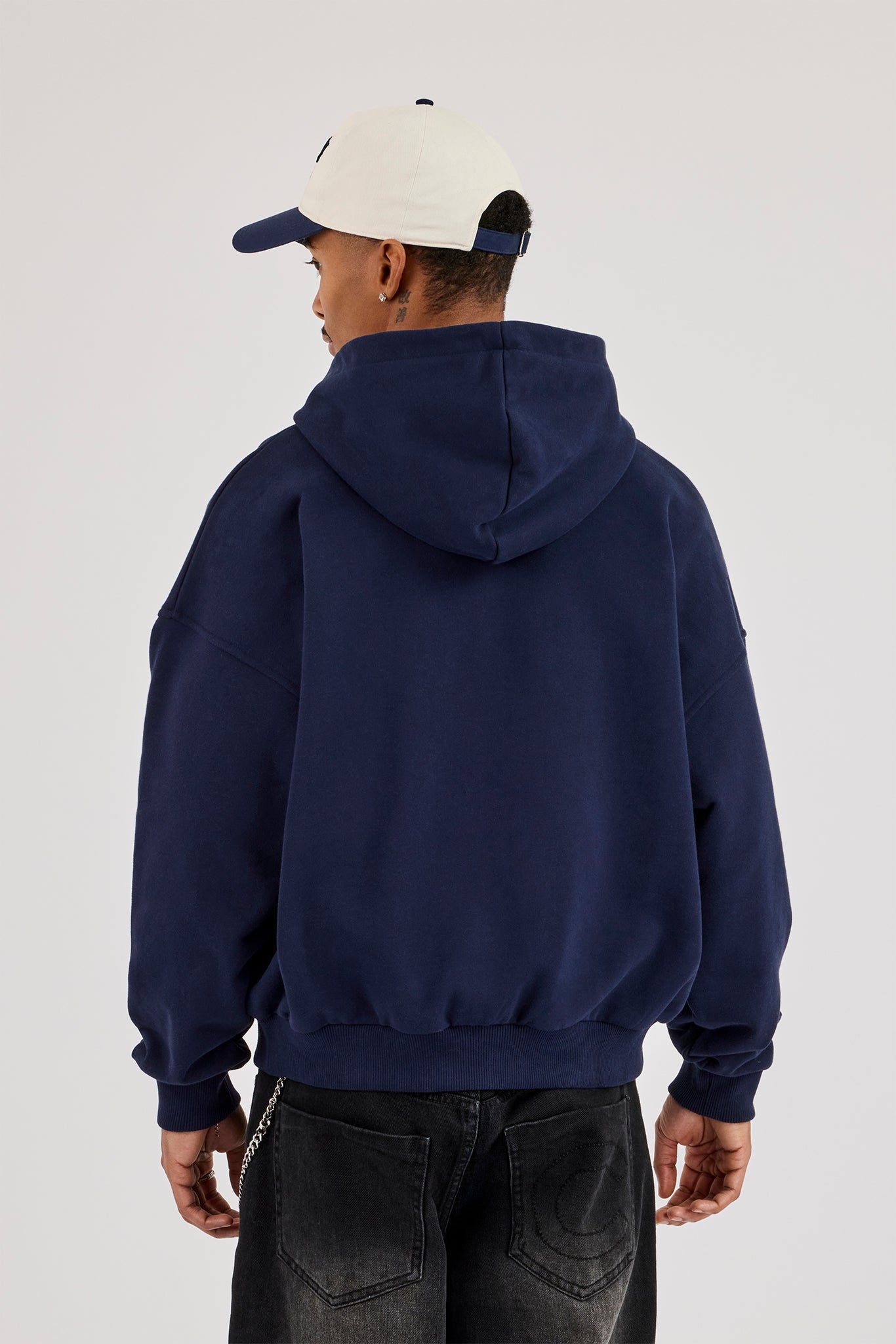 Crest Embroidered Boxy Zip Hoodie - Navy