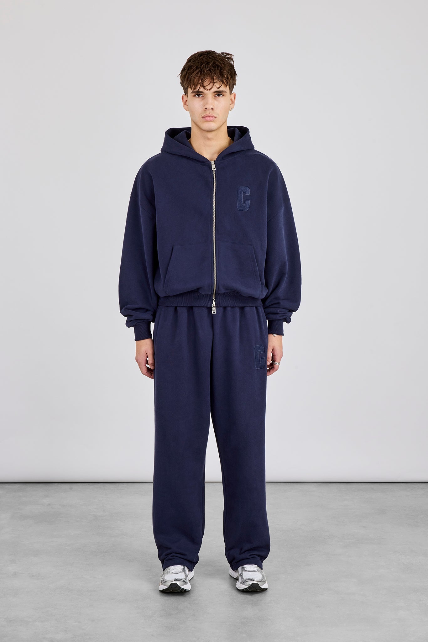Embroidered C Boxy Zip Through Hoodie & Relaxed Jogger - Navy Blue