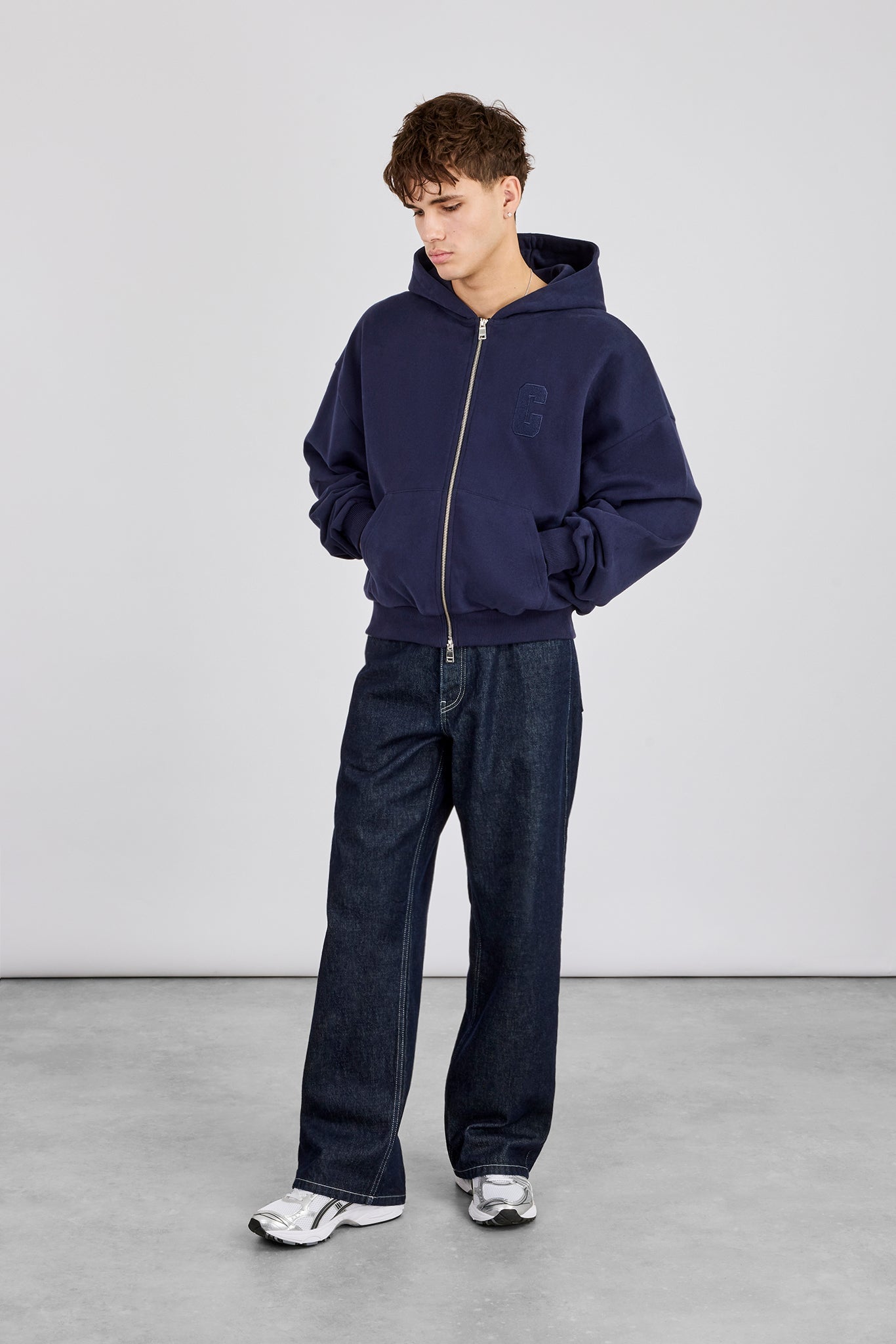 Embroidered C Boxy Zip Through Hoodie & Relaxed Jogger - Navy Blue