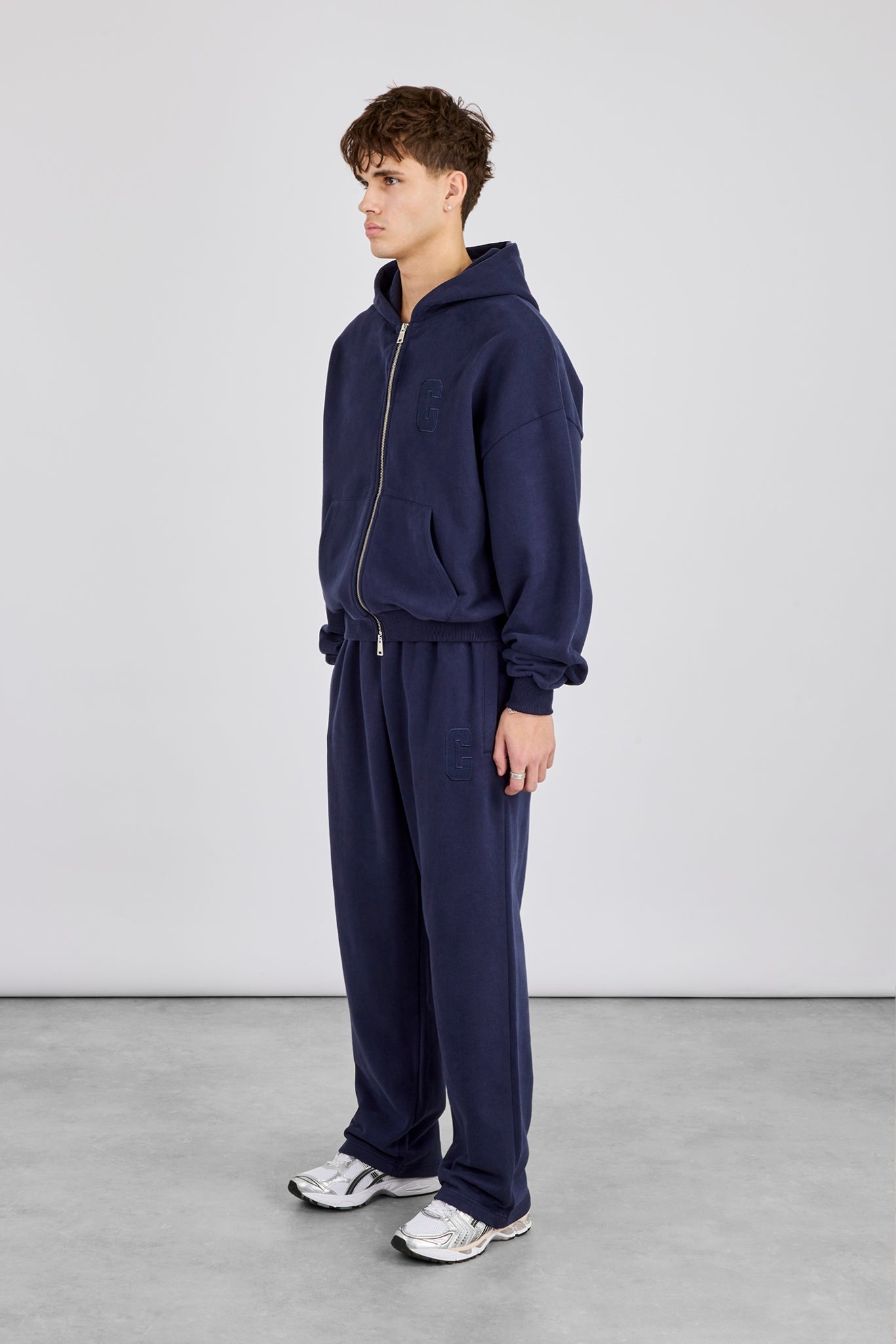 Embroidered C Boxy Zip Through Hoodie & Relaxed Jogger - Navy Blue