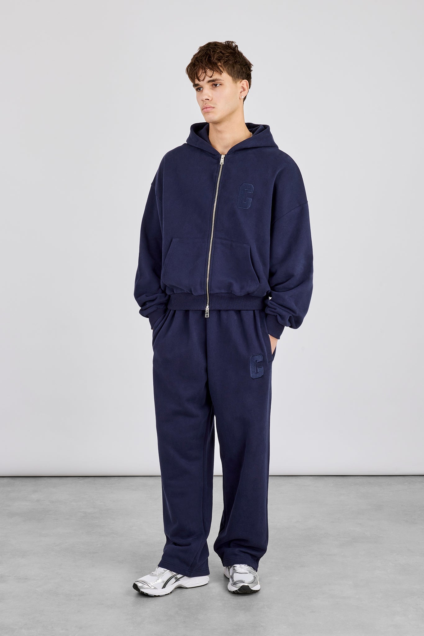 Embroidered C Boxy Zip Through Hoodie - Navy Blue