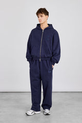 Embroidered C Boxy Zip Through Hoodie - Navy Blue