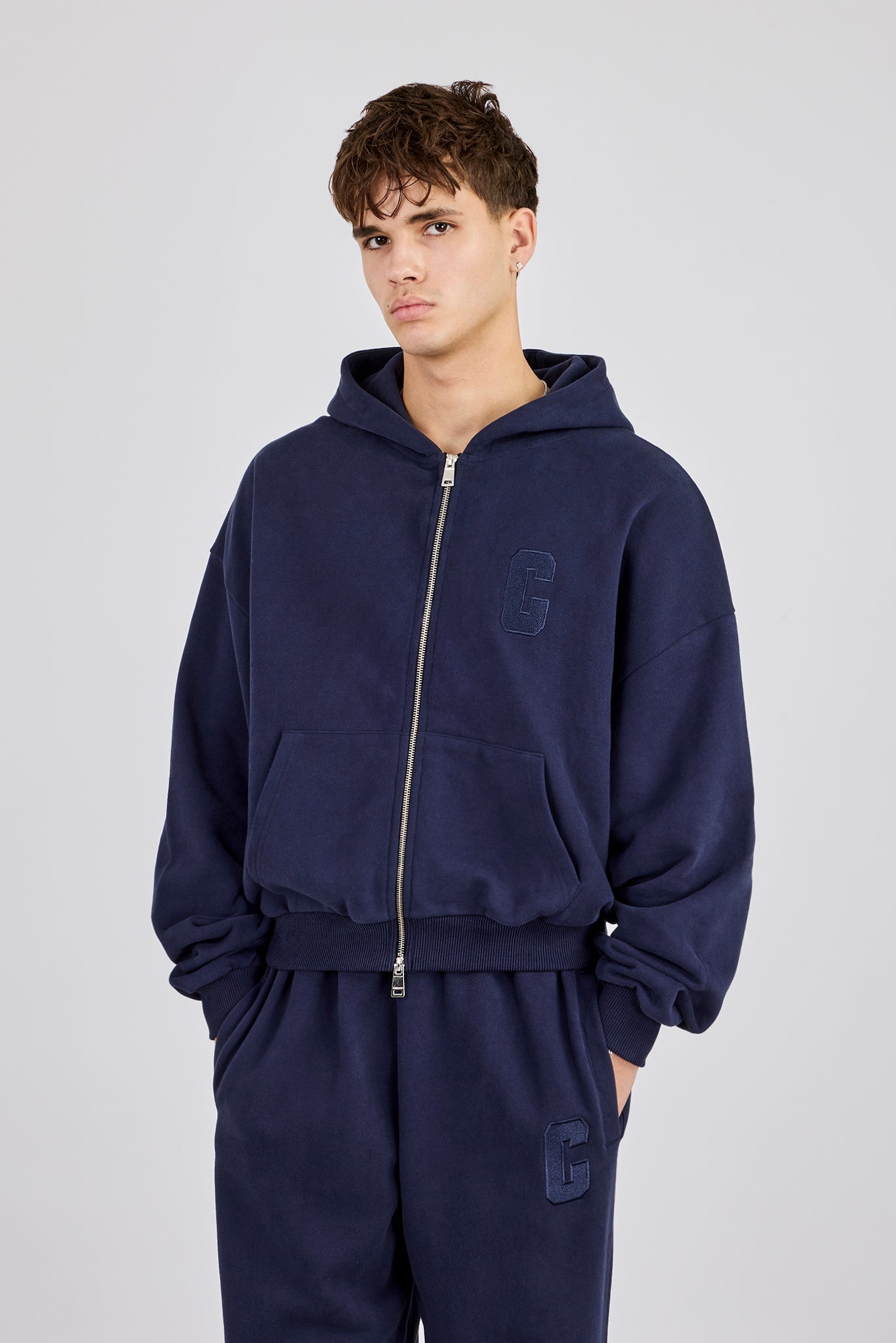 Embroidered C Boxy Zip Through Hoodie - Navy Blue
