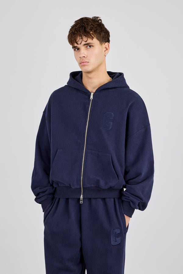 Embroidered C Boxy Zip Through Hoodie - Navy Blue